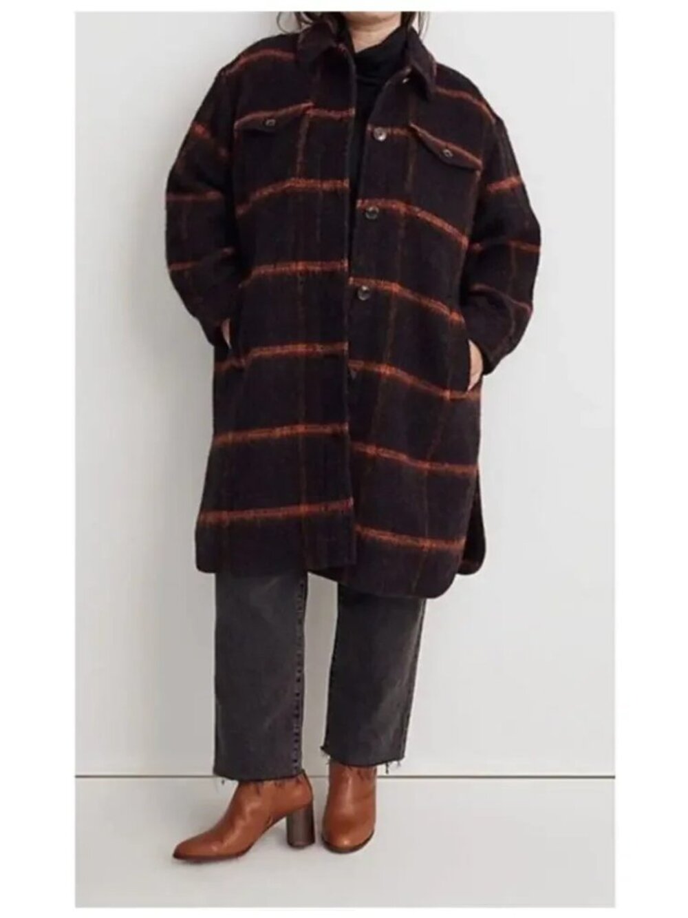 Madewell Long Shirt Jacket Windowpane Spiced Raisin Wool Blend Shacket 1X
